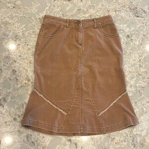 Anthropologie Louie Boho fringe skirt. Tan corduroy flounce ruffle skirt. Size 6